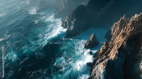Rugged Cliffs and Waves Ocean Landscape.