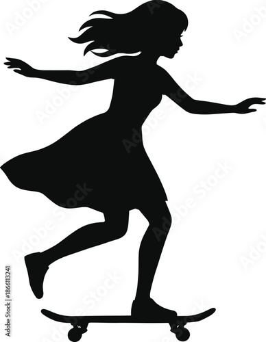 Silhouette of young girl riding skateboard in motion, outdoor kids sport concept isolated on white background illustration design