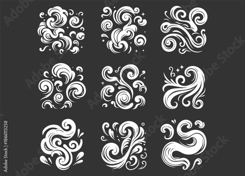 Collection of white smoke silhouettes with soft flowing shapes. Ideal for overlays, backgrounds, visual effects, posters, and creative design projects.