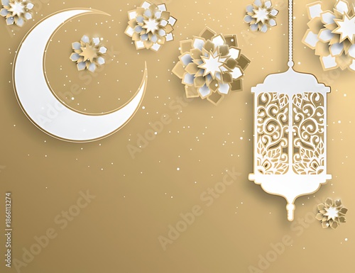 Elegant gold background with white crescent moon and lantern for Ramadan or Eid celebrations