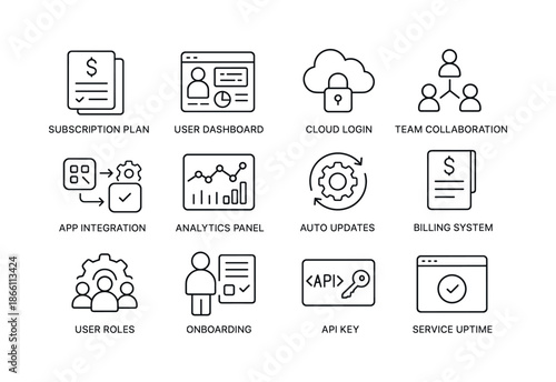 Business tools linear icon set. featuring subscription plan, user dashboard, cloud login, team collaboration, and billing system