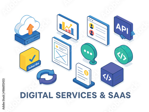 Digital services isometric icon set. featuring cloud upload, analytics, user profiles, api, subscription, and code editor symbols