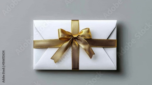 Elegant White Envelope with Golden Ribbon on Gray Background
