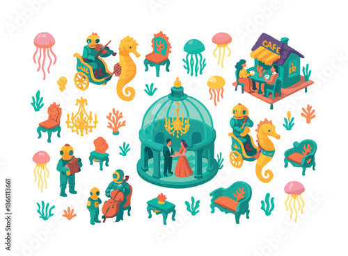 Magic underwater isometric icon set. featuring jellyfish, seahorses, musicians, dining, carriage, and dancing