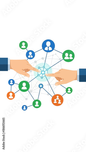 Hands connecting people icons in a network diagram.