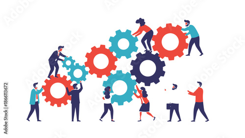 People working together to assemble gears in a team effort.