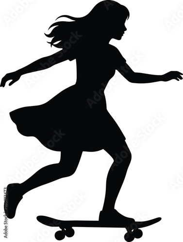 Young girl skateboarding silhouette performing outdoor sport activity isolated on white background, active childhood freedom energy illustration design