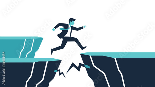 Businessman leaps across a wide chasm in a stylized illustration.