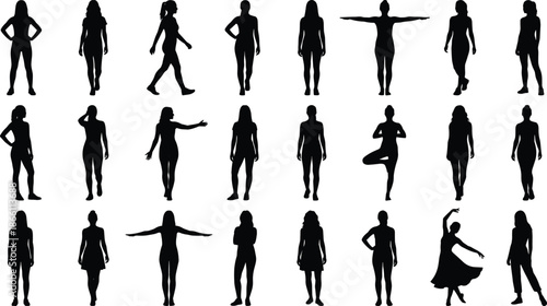Women silhouette collection showing standing walking yoga dancing poses isolated on white background, female body posture illustration design set