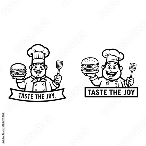 Jolly chef mascot holding hamburger and spatula illustration