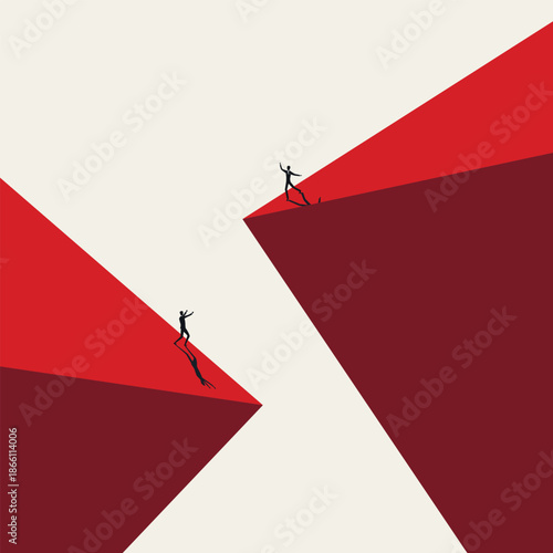 Market Volatility and Financial Risk Concept with Professionals Facing Danger on Precarious Red Mountain Peaks. Minimal Vector Illustration