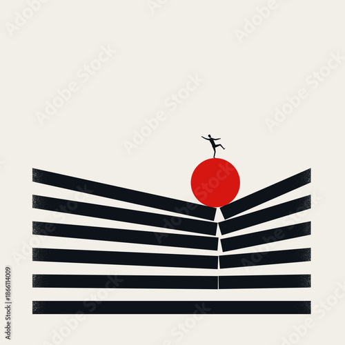 Business Risk and Market Instability Concept with Professional Balancing on Red Sphere Amid Falling Barriers. Minimal Vector Illustration