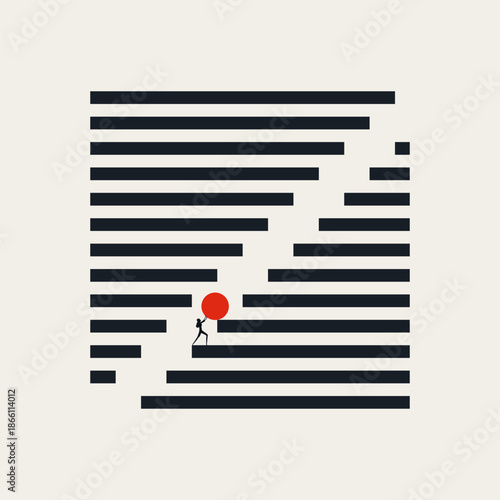 Ambitious Business Woman Pushing Red Ball Up Stairs Representing Emancipation Growth and Career Development Success. Minimalist Vector Concept Illustration