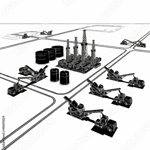 Oil field with multiple pumpjacks and central processing unit.