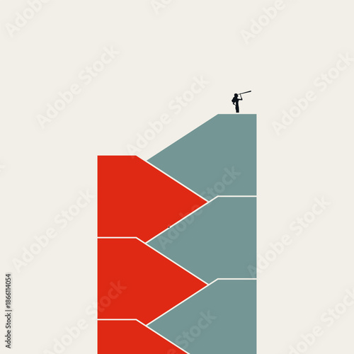 Successful Business Woman on Top of Geometric Stairs for High Vision and Professional Career Accomplishment Concept. Minimalist Vector Conceptual Illustration