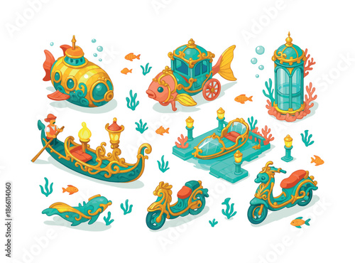Fantasy transportation flat icon set. featuring submarine, carriage, gondola, scooter, motorbike, and fish symbols