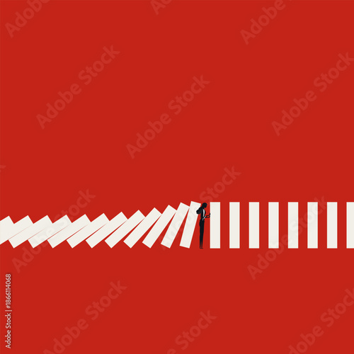 Resilient Business Woman Stopping Falling Dominoes Under Pressure to Prevent Crisis and Combat Career Discrimination. Minimalist VEctor Concept Illustration
