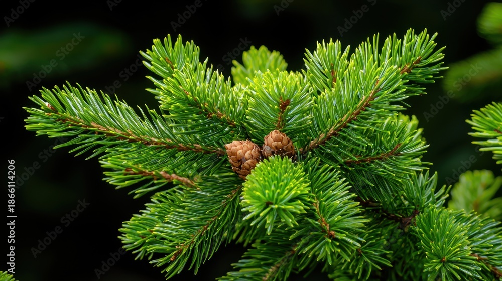 Fototapeta premium Close-Up View of Pine Branch with Green Needles and Cones