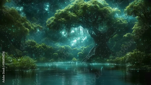 A magical Tree of Life glows in an enchanted forest at night, surrounded by shimmering fireflies and a serene river. This beautiful fantasy landscape is perfect for meditation or relaxation