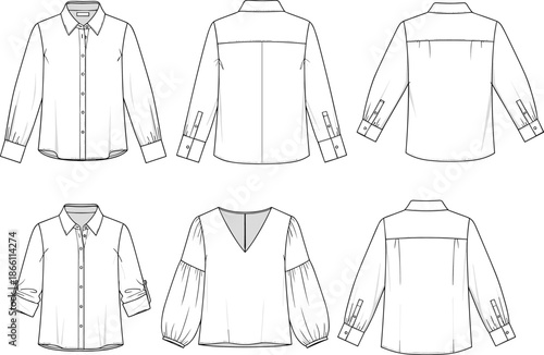 Women blouse and shirt technical flat illustration set with front back views featuring long sleeves cuffs fashion apparel design
