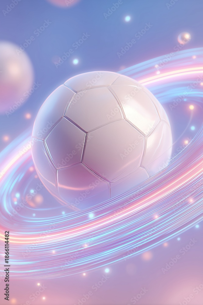 Fototapeta premium White cloud dancer sport ball, soccer or volleyball, surrounded by dynamic, swirling neon light trails and sparkling bokeh effect on pastel gradient background, vibrant and futuristic atmosphere