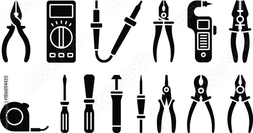 Black electrical tools silhouette icons set featuring electronics repair equipment vector collection for technician electrician workshop design branding