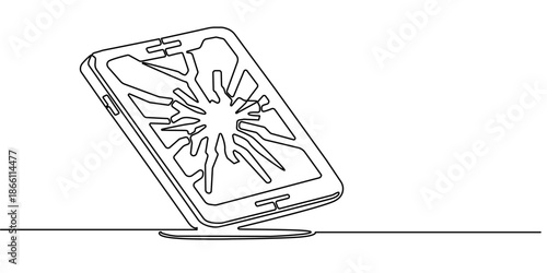 Smartphone with broken screen - one line drawing vector. concept broken phone, smartphone after fall