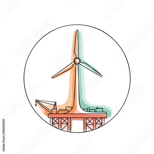 Illustration of a wind turbine on an offshore platform, representing renewable energy and industrial development.