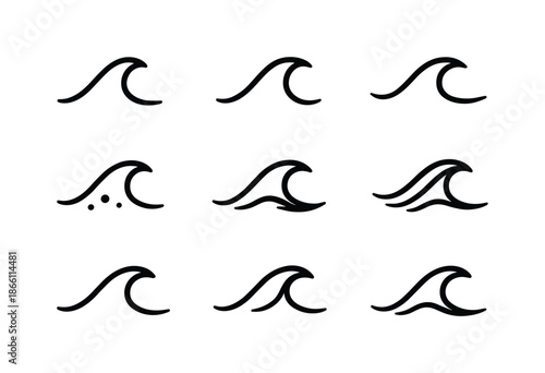 Ocean waves linear icon set. featuring sea, surf, tide, beach, marine, flow, ripple, curl, crest symbols