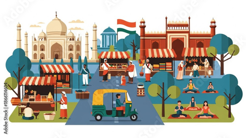 Vibrant indian street scene with people meditating, tuk tuk driving, and market stalls near historic buildings and the taj mahal, showcasing cultural and spiritual