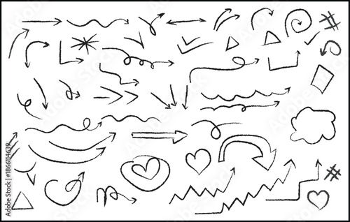 Hand drawn doodle arrow set in a cute vintage sketch style with playful symbols and decorative elements