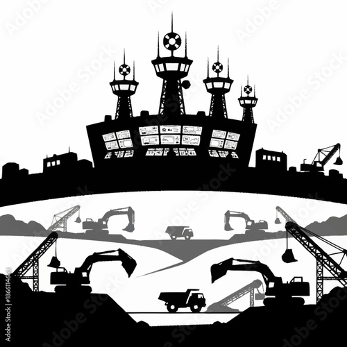 Silhouette of a large industrial building with multiple towers and construction site below.
