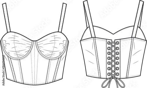 Women corset top technical flat illustration with front and back views featuring lace up back straps fashion apparel design