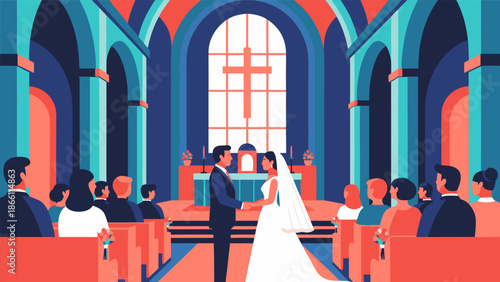 A Beautiful Vector Illustration Capturing a Joyful Wedding Ceremony in a Church Setting
