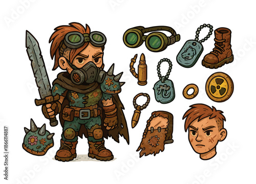 Post-apocalyptic linear icon set. featuring warrior, goggles, sword, gas mask, dog tag, bullet, ring, shield, boot