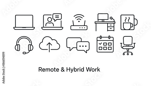 Remote and hybrid work linear icon set. featuring laptop, video call, router, desk, coffee, headset, cloud, chat, calendar, chair