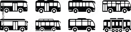 City bus silhouette icon set featuring public transportation vehicles for urban transit design mobility branding and navigation systems