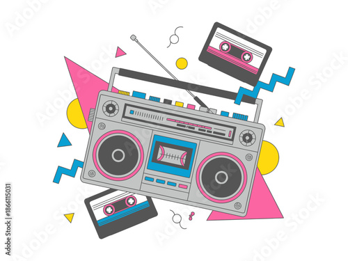 A colorful illustration of a boombox and cassette tapes surrounded by geometric shapes and music accessories.