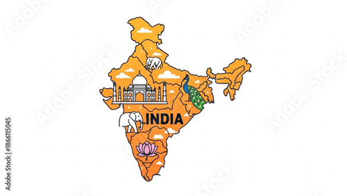 Vibrant orange map of india with iconic landmarks and symbols, including taj mahal, elephants, peacock, and lotus flower, showcasing cultural and national elements