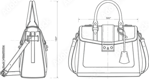 Women leather handbag technical flat illustration showing front and side views with dimensions handles straps and hardware fashion accessory design