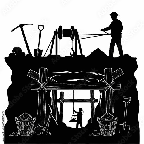 Silhouette of Miners Working in a Gold Mine with Tools and Equipment.