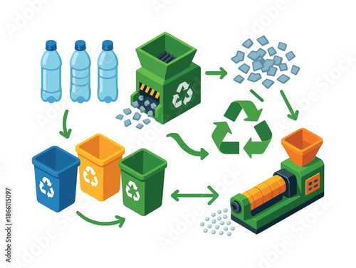 Recycling process flat icon set. featuring plastic bottles, crusher, recycle bins, sorting, pellets, and extruder symbols
