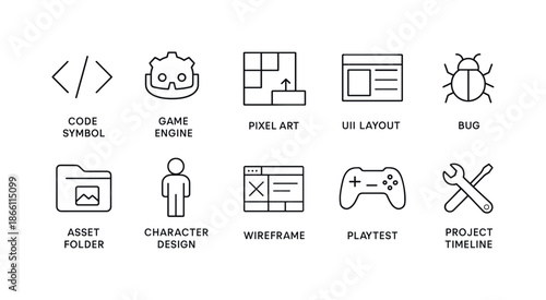 Game development linear icon set. featuring code, game engine, pixel art, ui layout, bug, and more