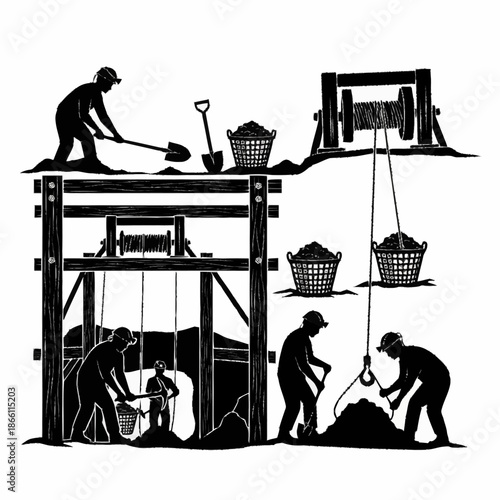 Silhouettes of miners engaged in arduous manual labor and excavation.