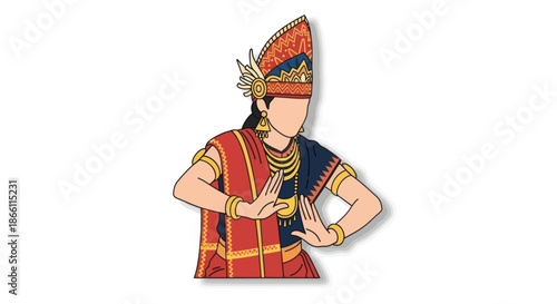 Stylized Traditional Dancer Illustration in Ornate Cultural Costume with Faceless Design.