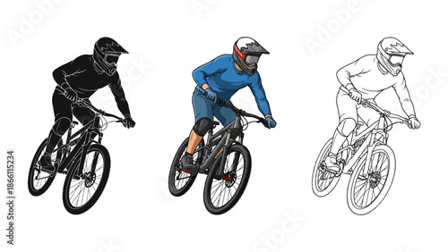 Downhill mountain biker in action shown in silhouette, color, and line art