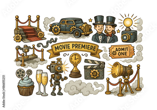 Movie premiere flat icon set. featuring camera, car, clock, clapperboard, red carpet, and spotlight symbols