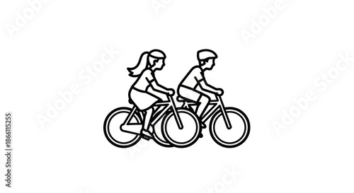 Two Cyclists Riding Bicycles Wearing Casual Clothes and Helmets Black and White Line Art.