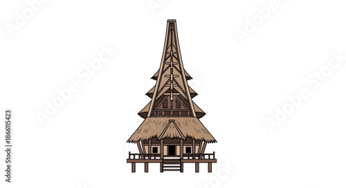 Traditional Indonesian Tongkonan House with Ornate Roof and Structure.