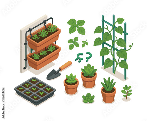 Gardening tools and plants flat icon set. featuring plants, pots, spade, trellis, leaves, vertical garden
